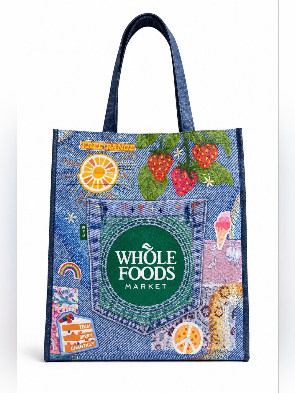 Whole Foods Denim Print Reusable Market Tote Bag Sustainable Grocery Carryall